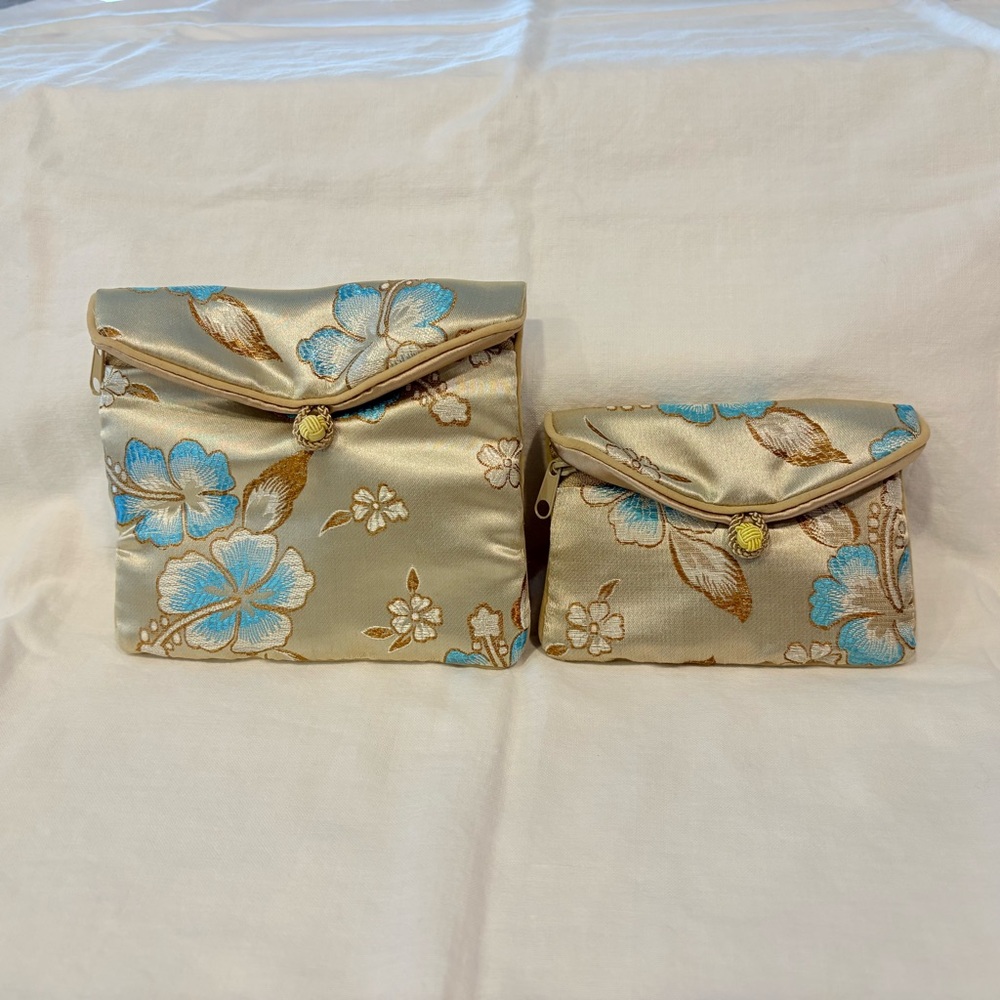 2 Honora Collection Jewelry Bags Brocade Gold Florals Sm Med Zip Button Gr 1